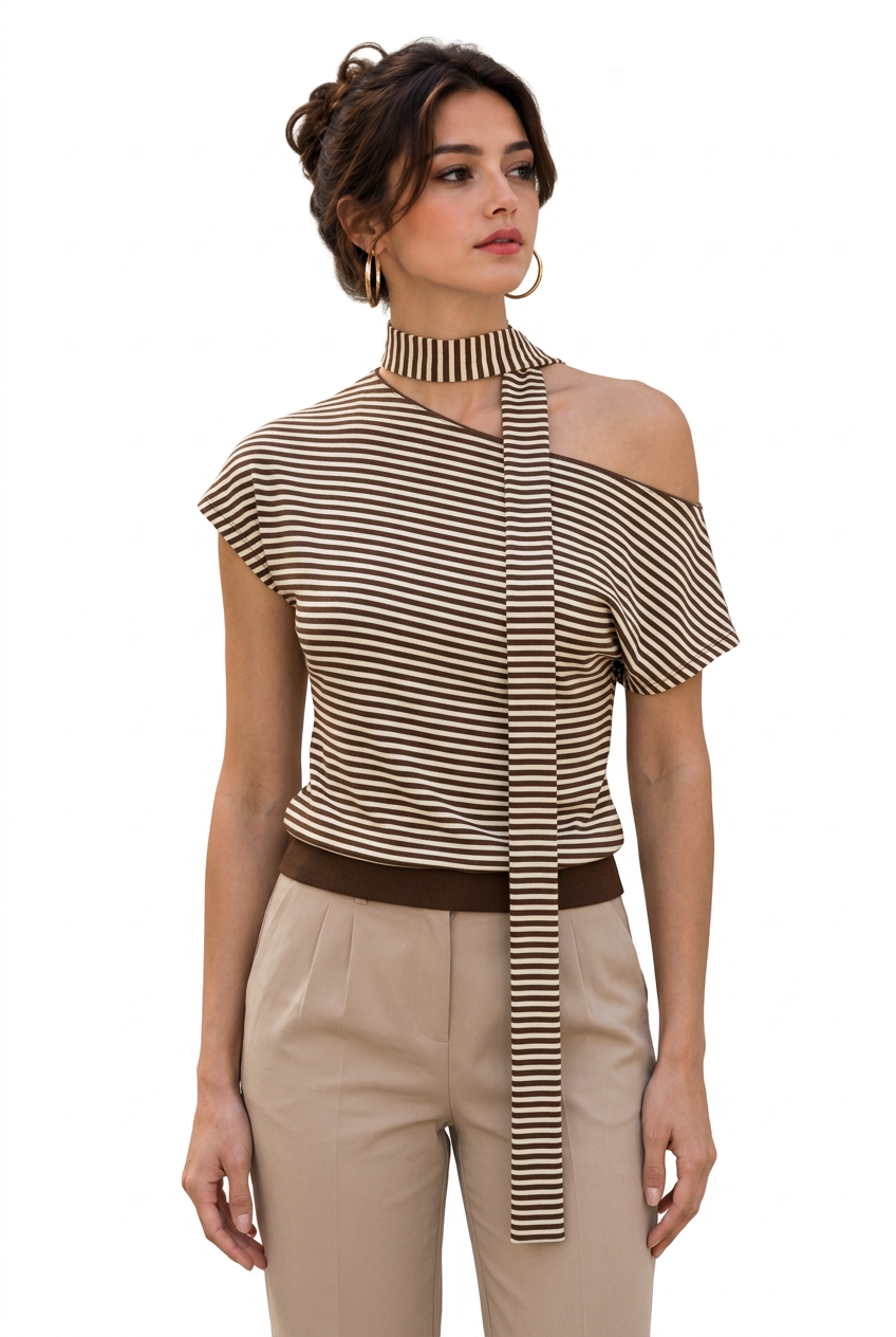 T-shirt femme rayé à épaule dénudée et lien au cou