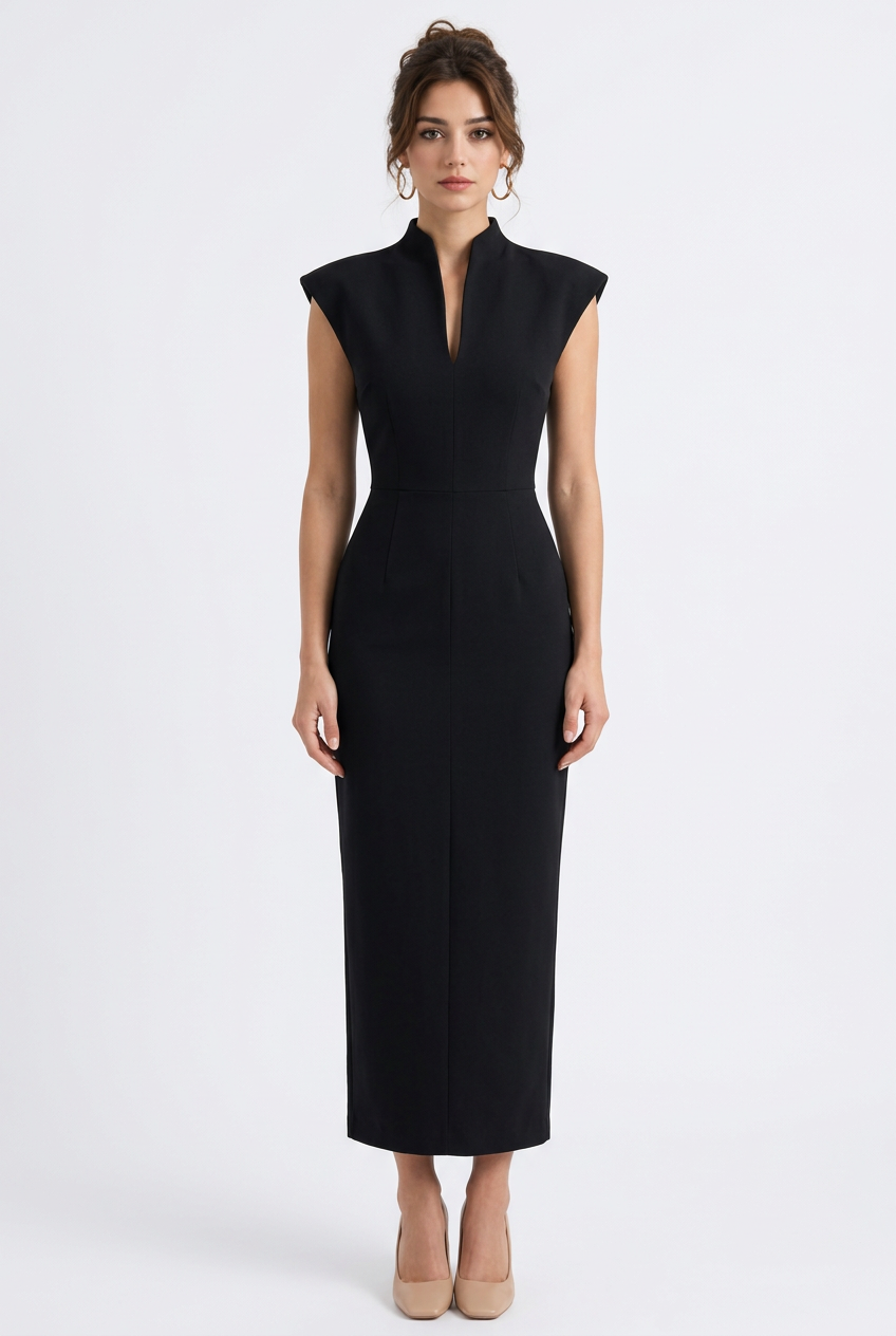 Robe longue moulante sans manches à col montant et décolleté en V