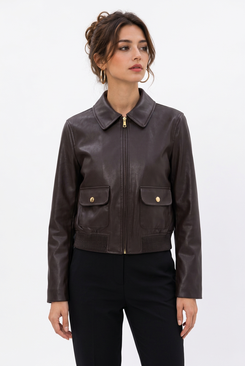 Blouson femme marron enduit à poches et détails dorés