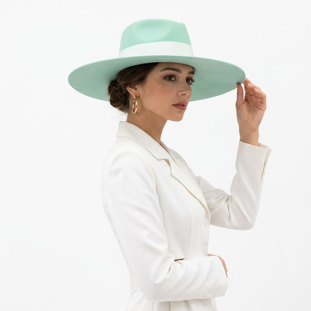 Stéphanie portant le chapeau en laine vert menthe à très large bord avec ruban blanc