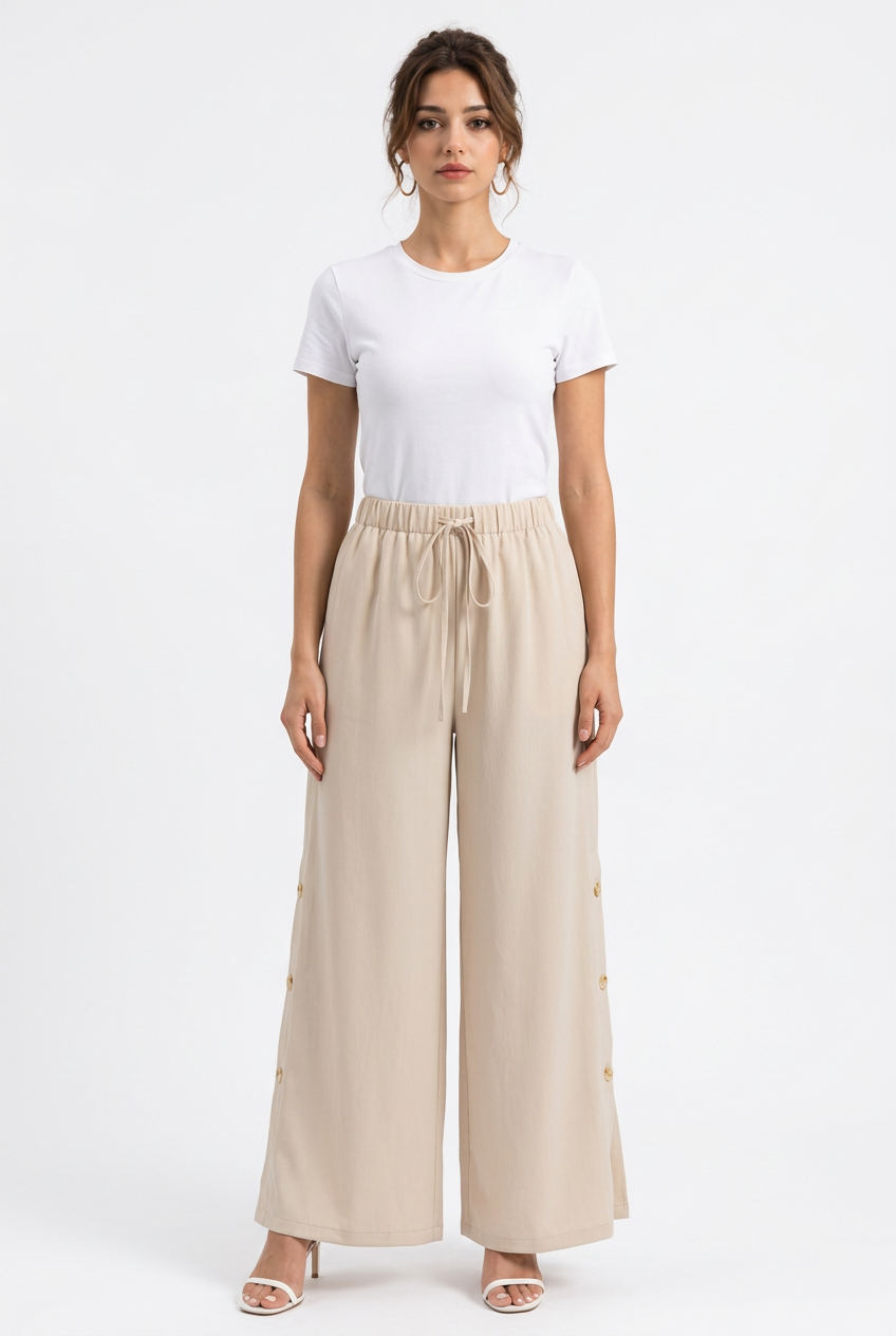 Pantalon large femme beige à cordon et boutons