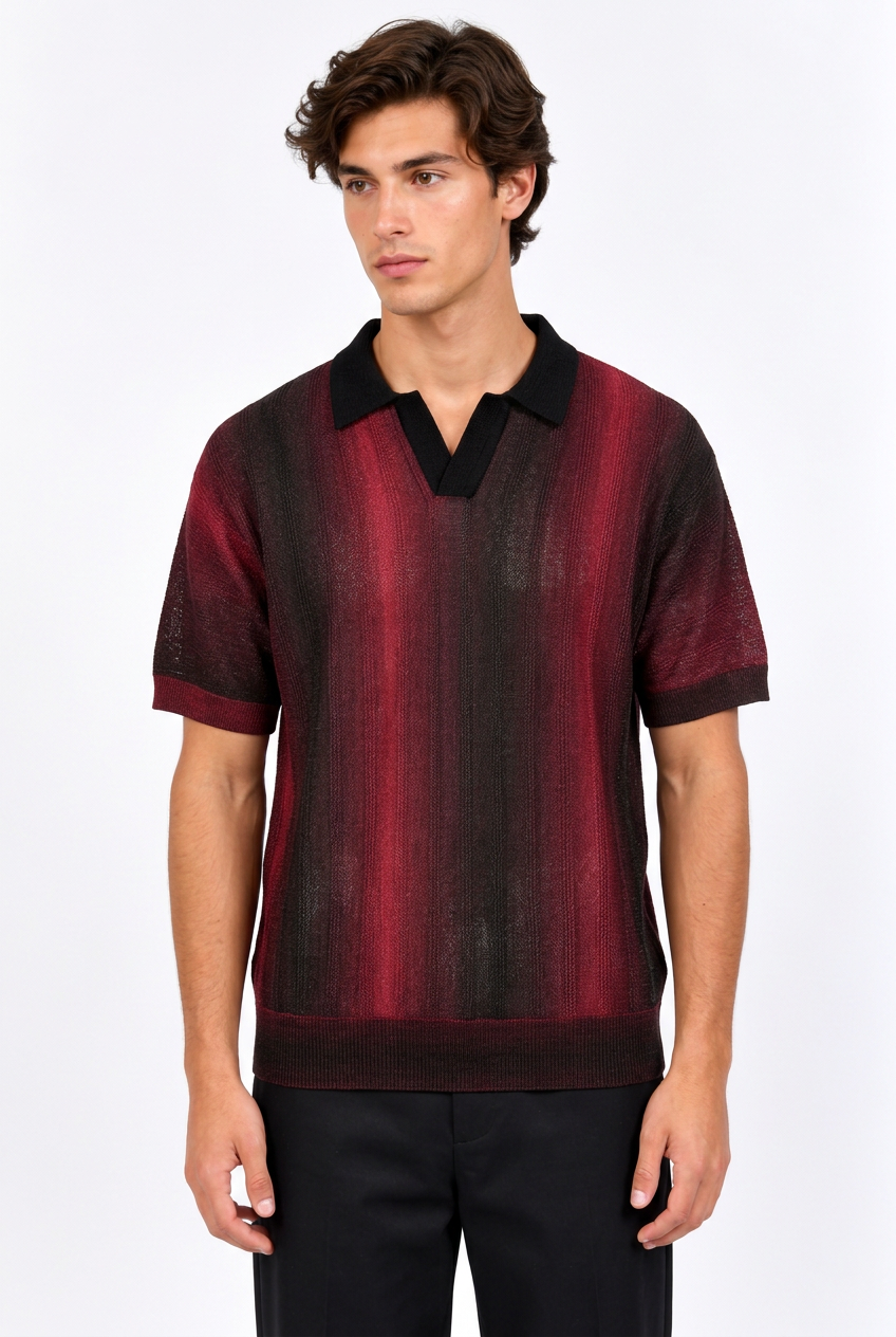 Jeff portant le polo homme en coton mélangé rouge foncé et noir
