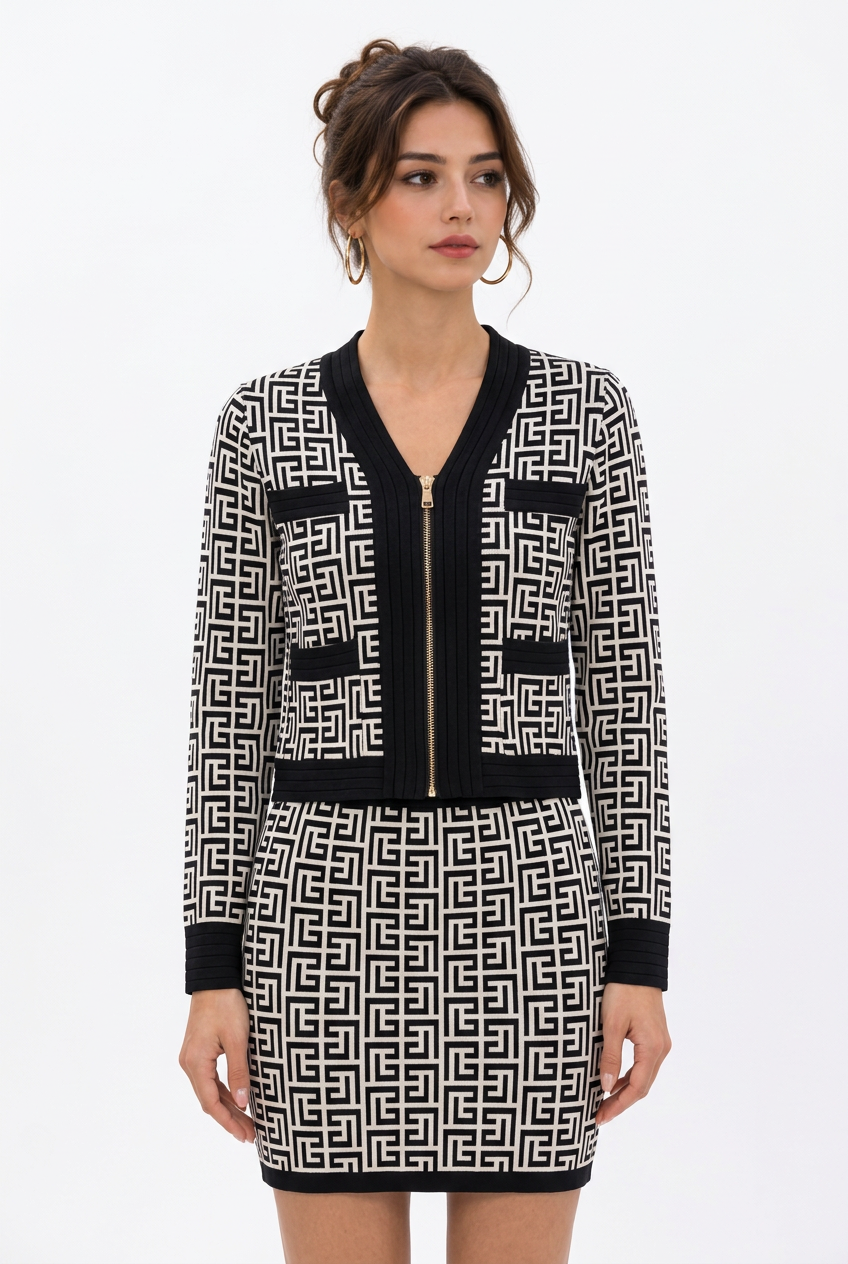 Ensemble femme veste zippée et jupe en maille à motifs noir et blanc