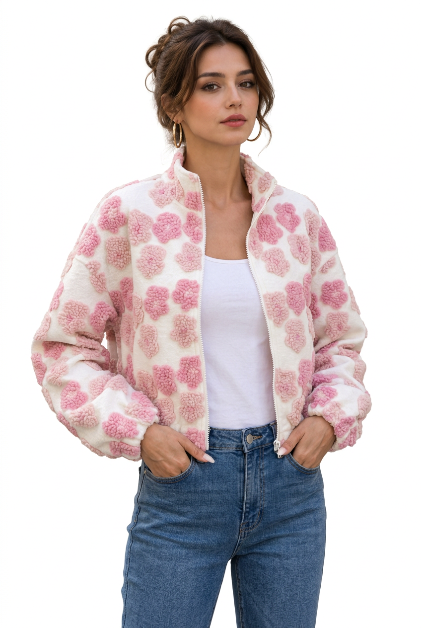 Veste courte femme zippée à fleurs roses en relief