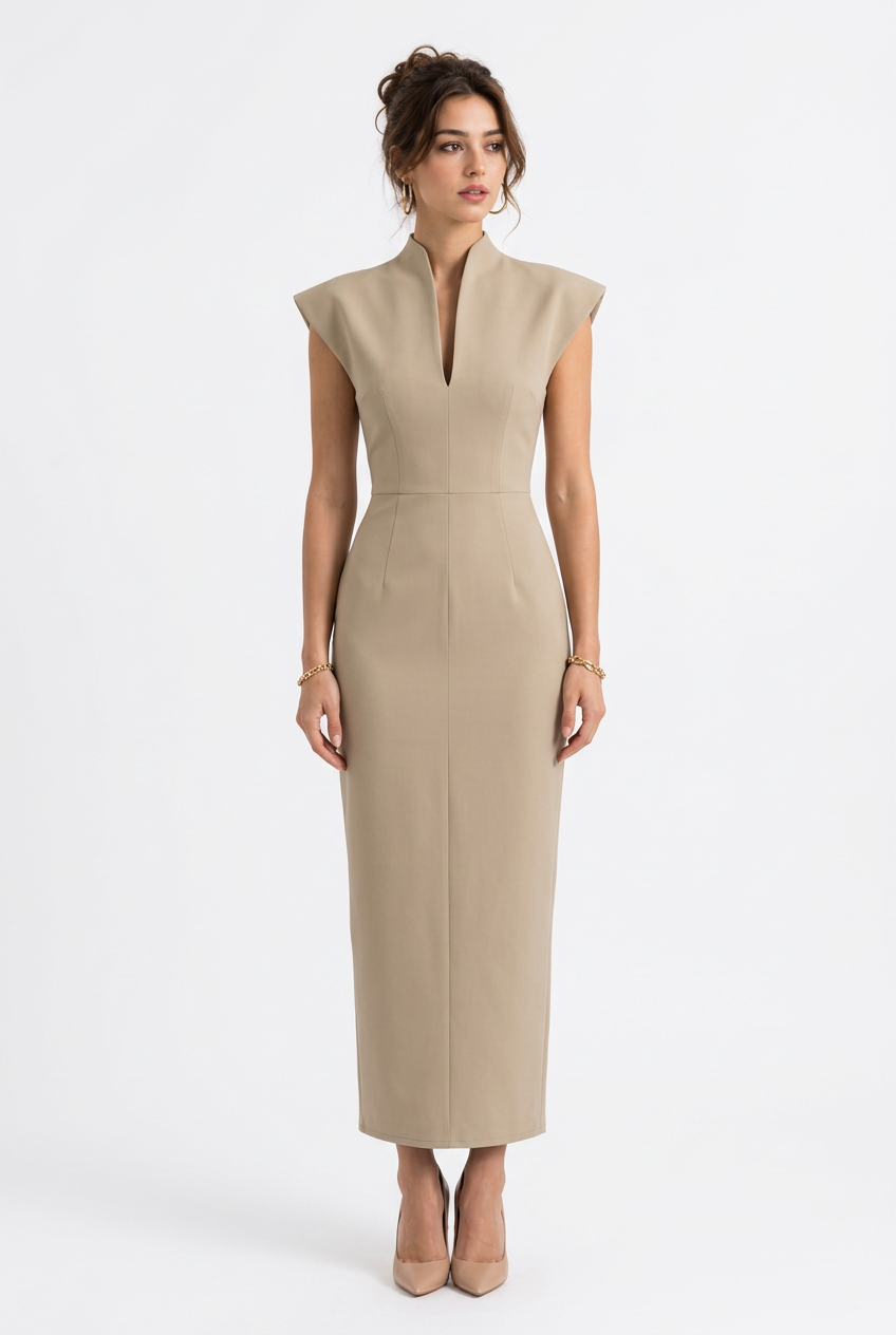 Robe longue moulante sans manches à col montant et décolleté en V