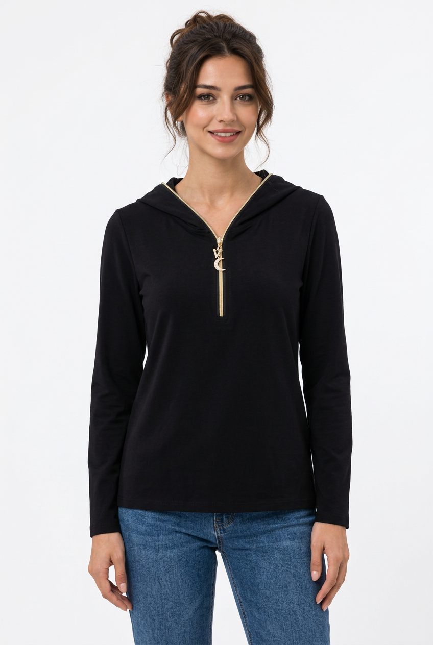 Haut femme à capuche et demi-zip doré