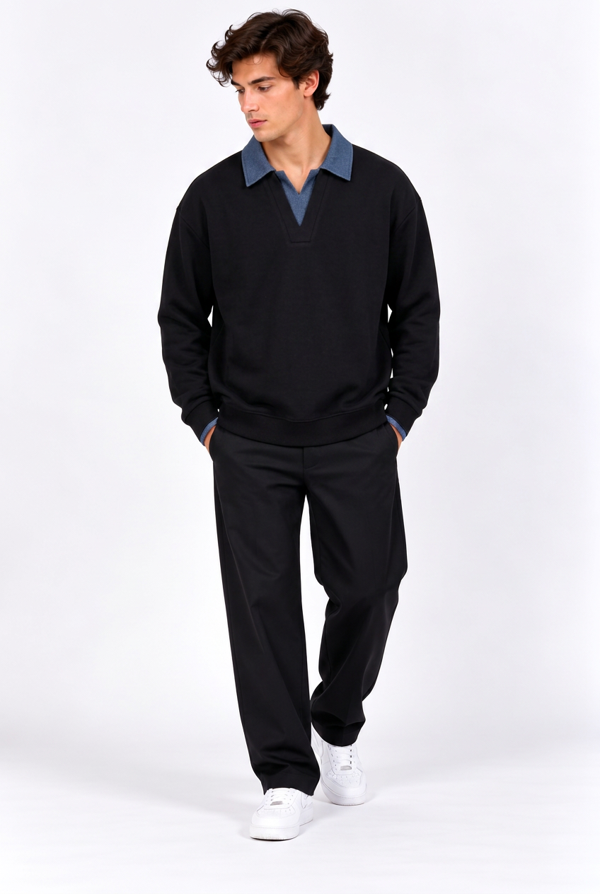 Pull homme à col chemise effet deux-en-un – Coupe ample