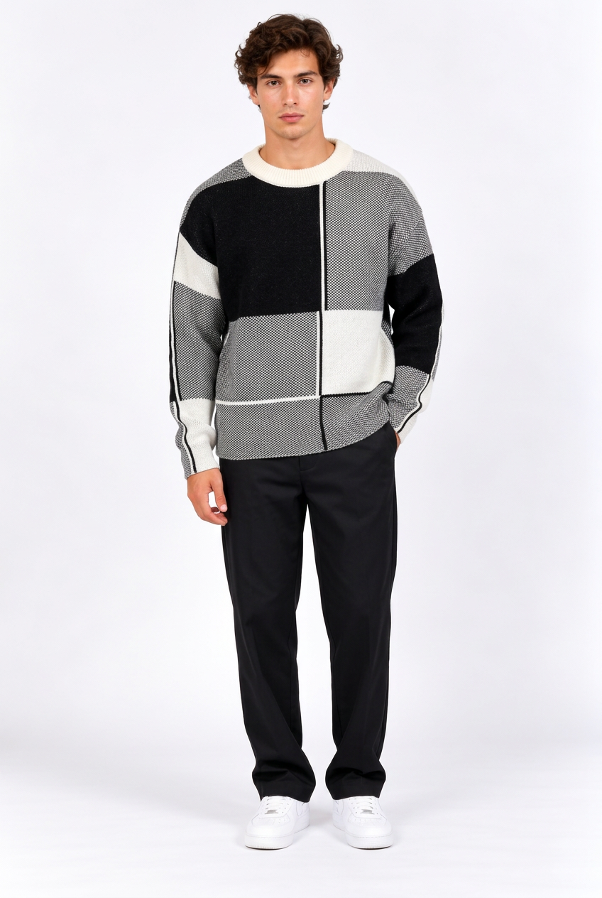 Pull homme à motifs géométriques et col rond