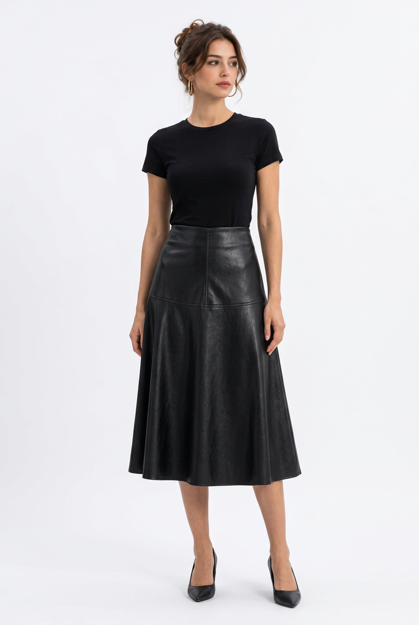 Jupe Midi Similicuir Évasée Taille Haute – Femme