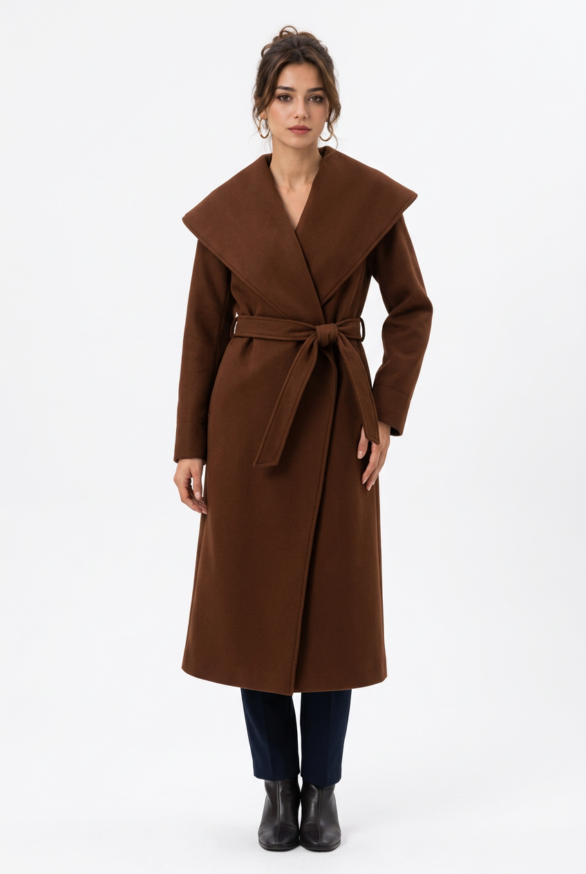 Manteau long femme ceinturé à grand col, effet laine