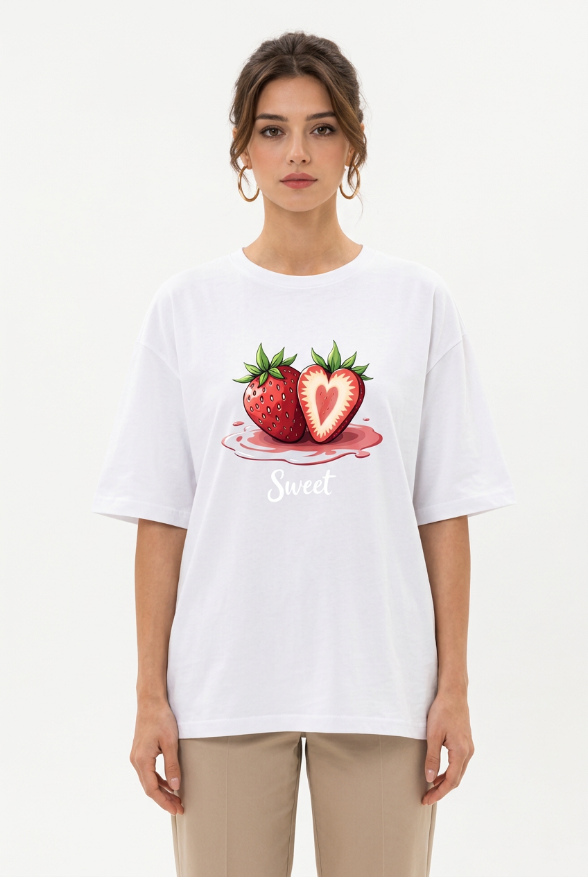 T-shirt femme blanc ample à imprimé fraises Sweet
