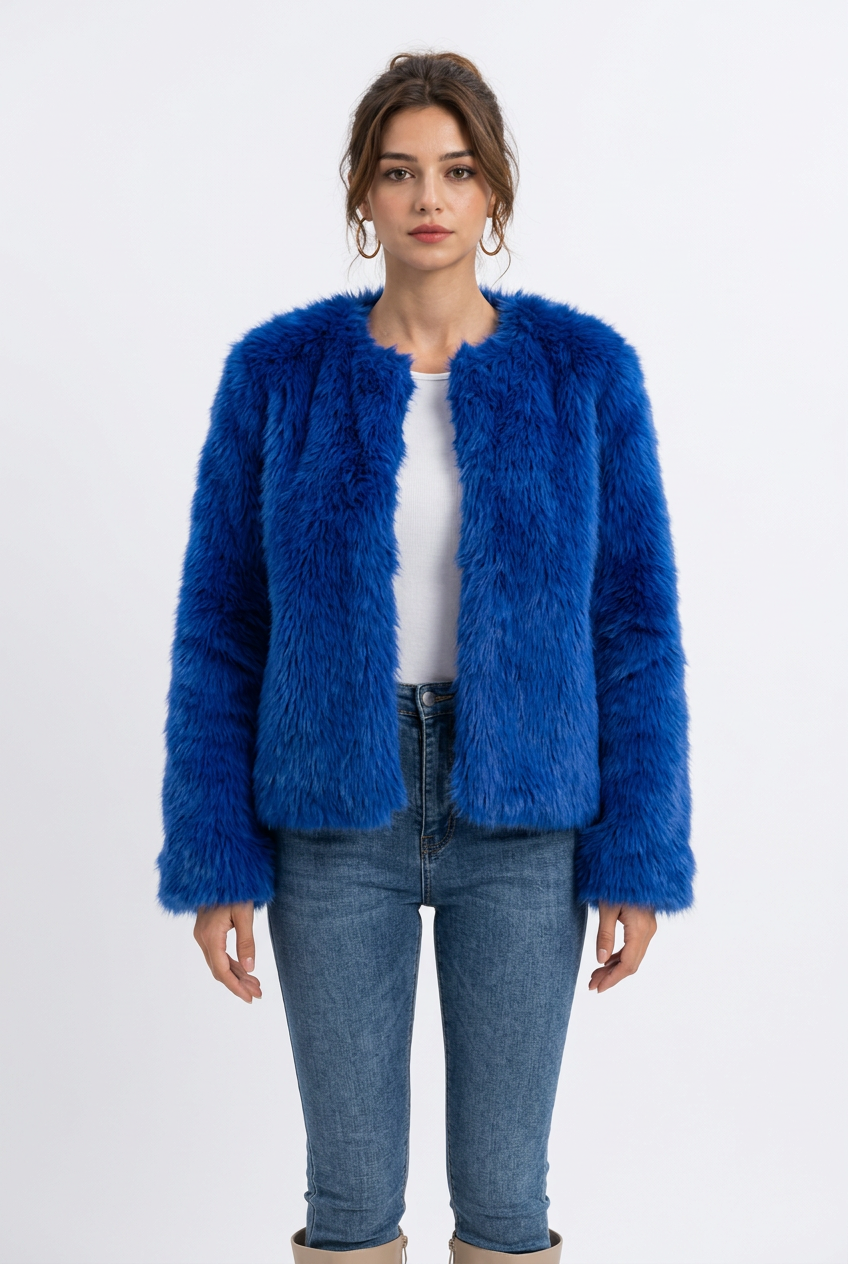 Manteau Court Femme en Fausse Fourrure – Col Rond