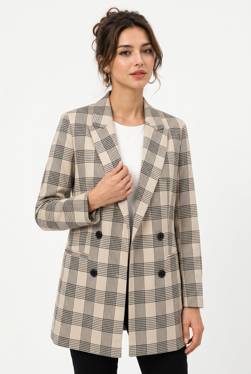 Blazer Femme à Carreaux – Col à Revers et Double Boutonnage