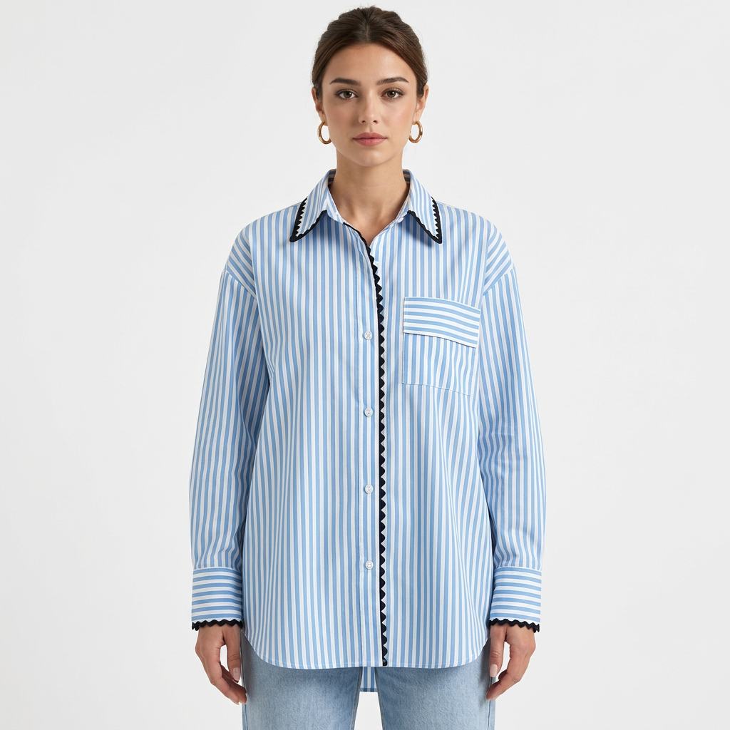 Oversize-Damenhemd mit Color-Block-Streifen – Koreanischer Casual-Stil, Umlegekragen
