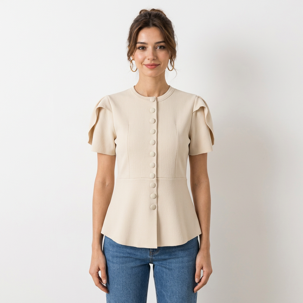 Veste Manches Courtes Bouffantes Col Rond – Coupe Évasée