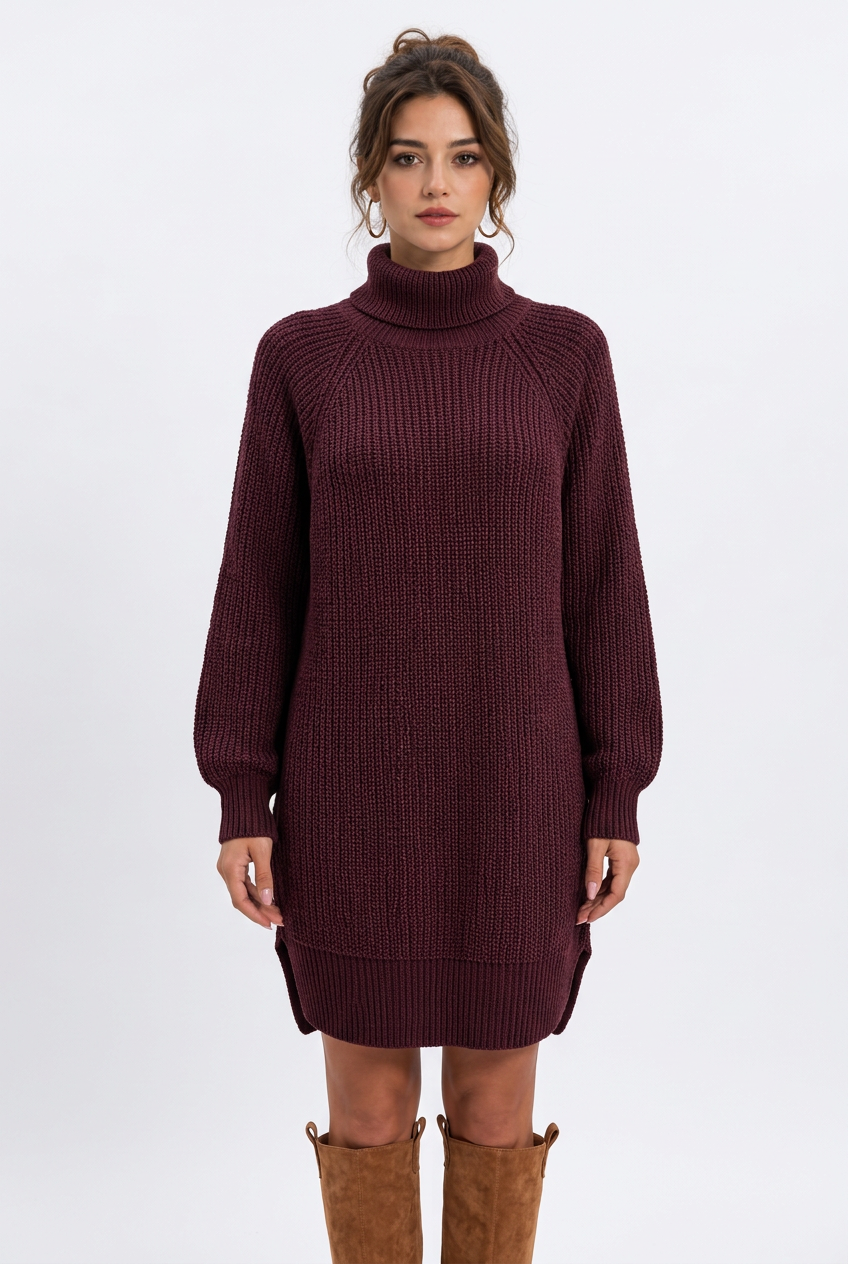 Women's acrylic knit turtleneck sweater dress – Loose fit, long sleeves