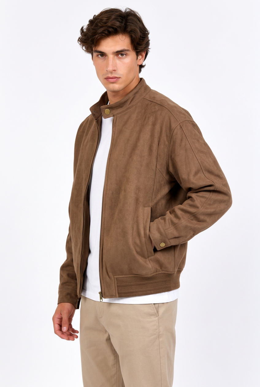 Veste homme col montant zippée color block streetwear chinois marron