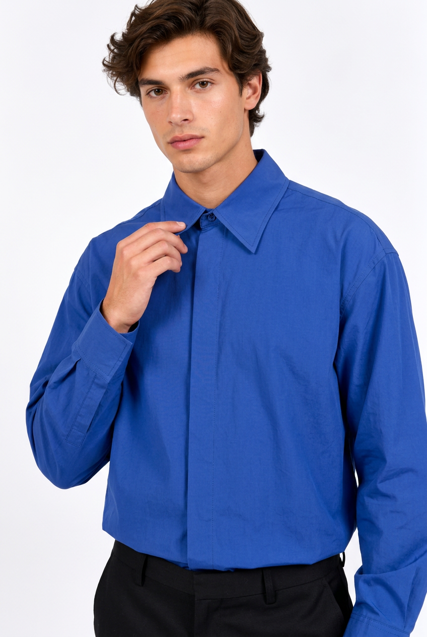 Chemise Homme Manches Longues Bleue – Coupe Ample, Col Classique