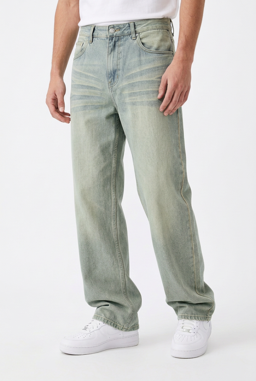 Jean droit ample homme – Style rétro lavé, Mi-taille, Noir & Bleu