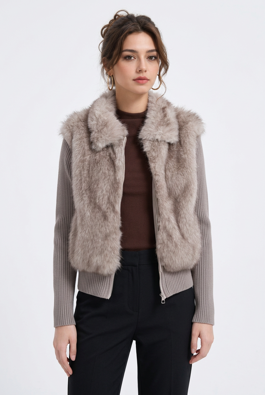 Veste femme en fausse fourrure à manches en maille amovibles