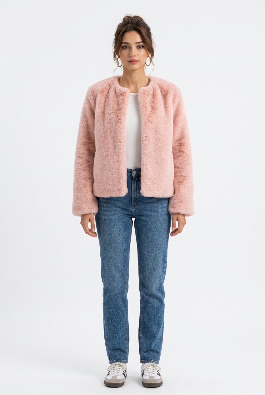 Manteau Court Femme en Fausse Fourrure – Col Rond