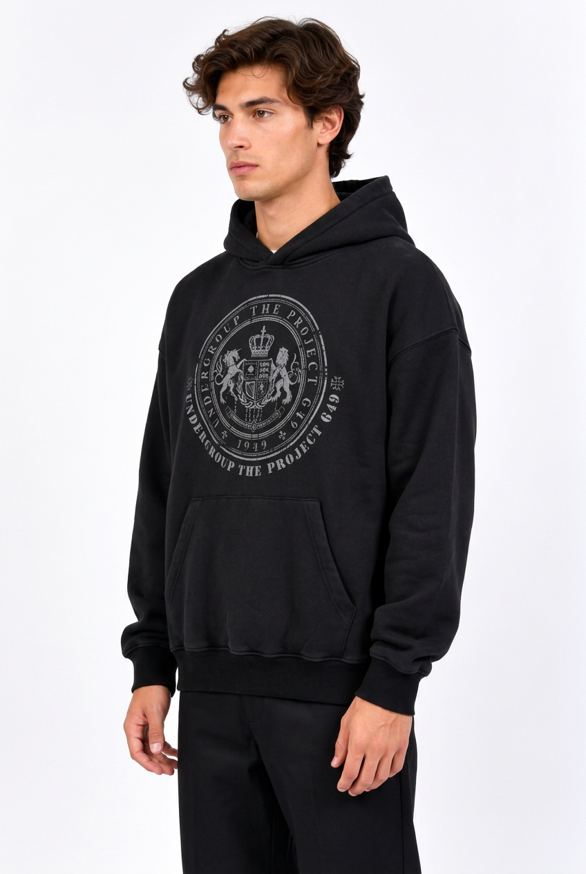 Sweat à capuche homme noir ample à imprimés devant et dos