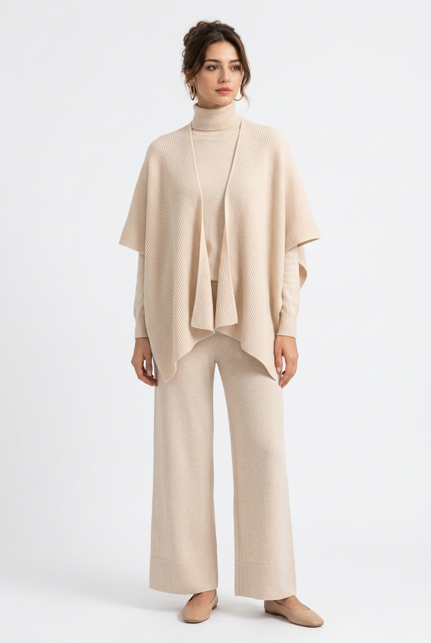 Ensemble femme en maille 3 pièces – Pull col roulé, châle et pantalon large