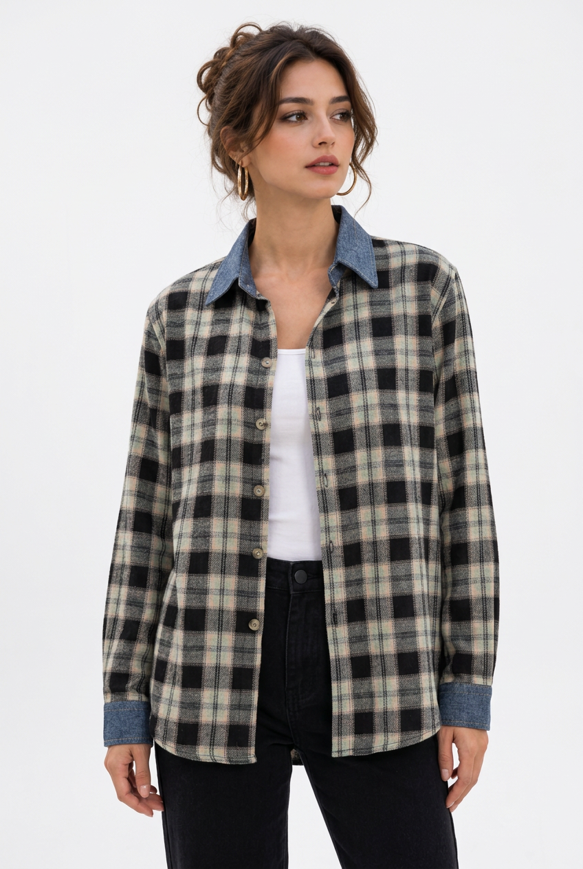 Chemise Femme à Carreaux – Coupe Ample, Col Denim Contraste