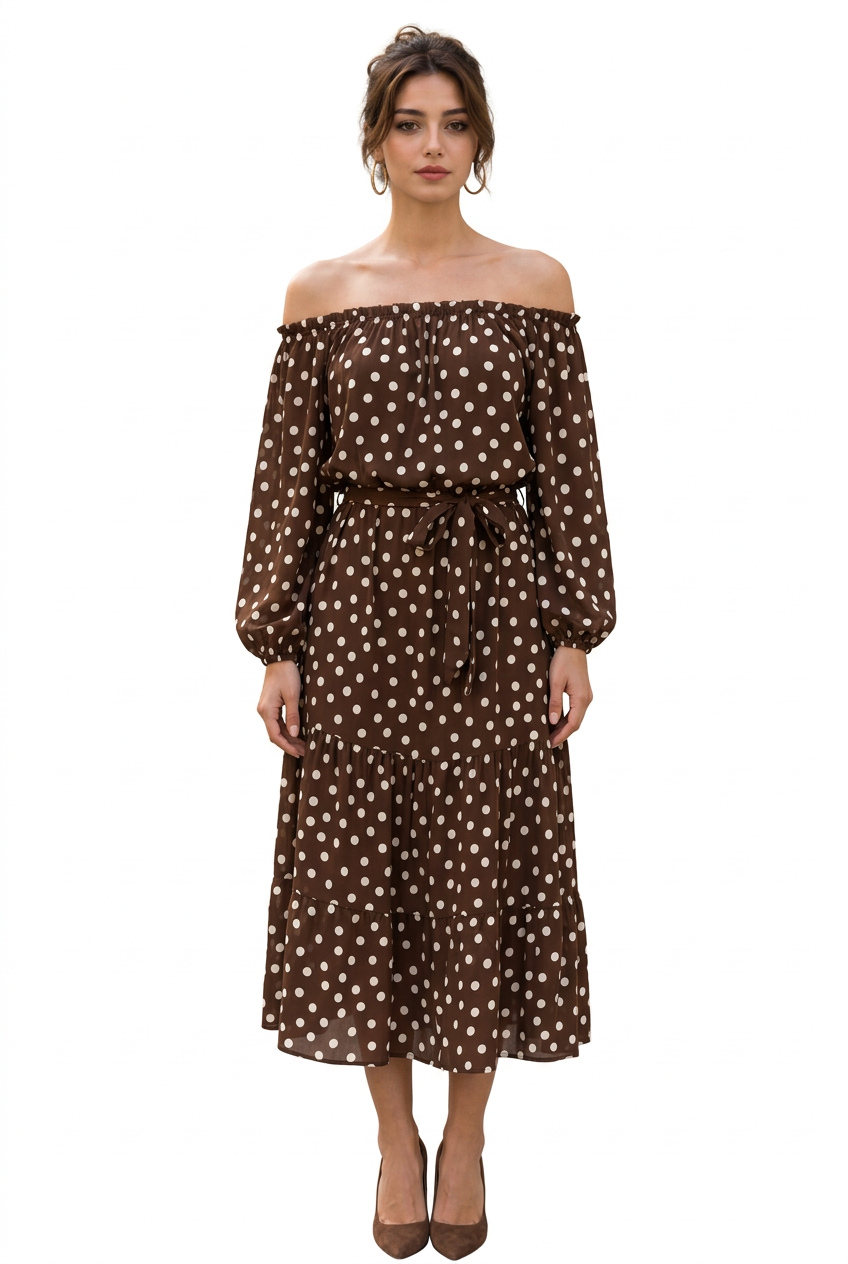 Robe marron à pois et manches longues, coupe évasée