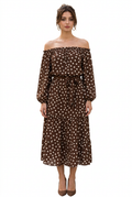 Robe marron à pois et manches longues, coupe évasée
