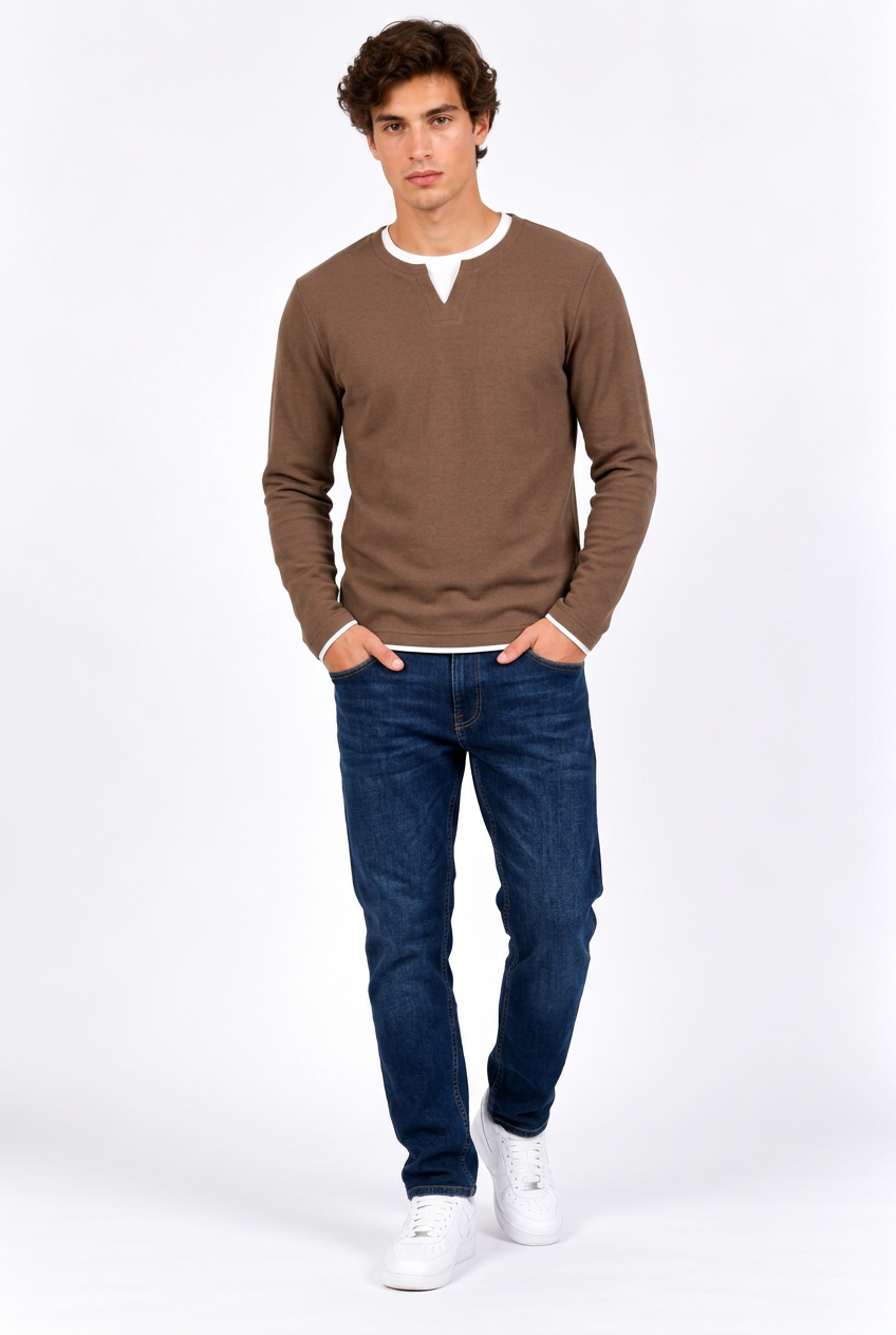 T-Shirt Homme Manches Longues Effet Deux-Pièces – Col Rond