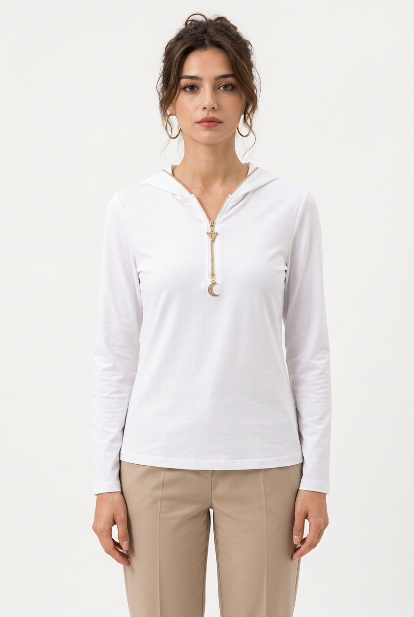 Haut femme à capuche et demi-zip doré