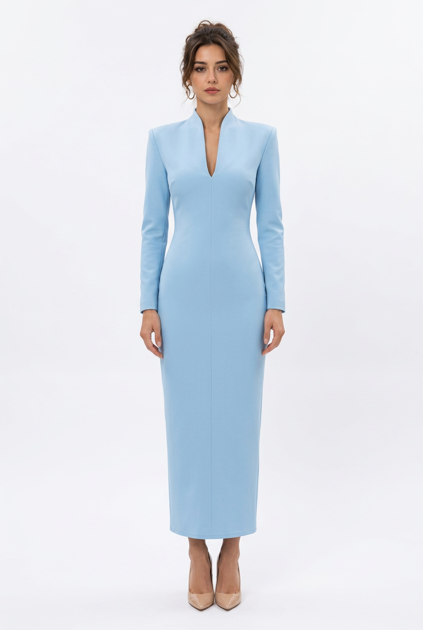 Robe longue à col montant, décolleté en V et manches longues