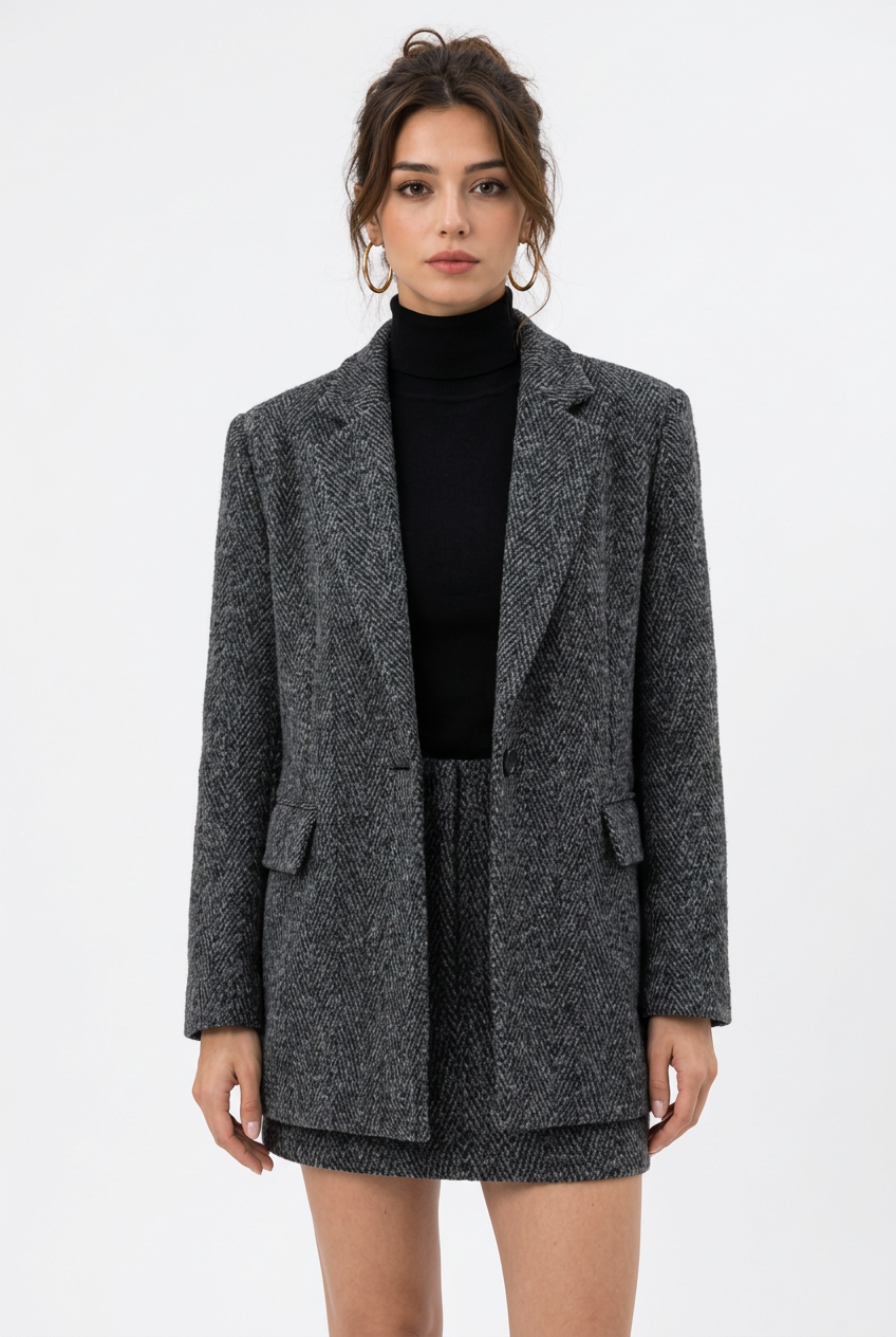 Ensemble femme 2 pièces à chevrons – Veste et jupe courte grises