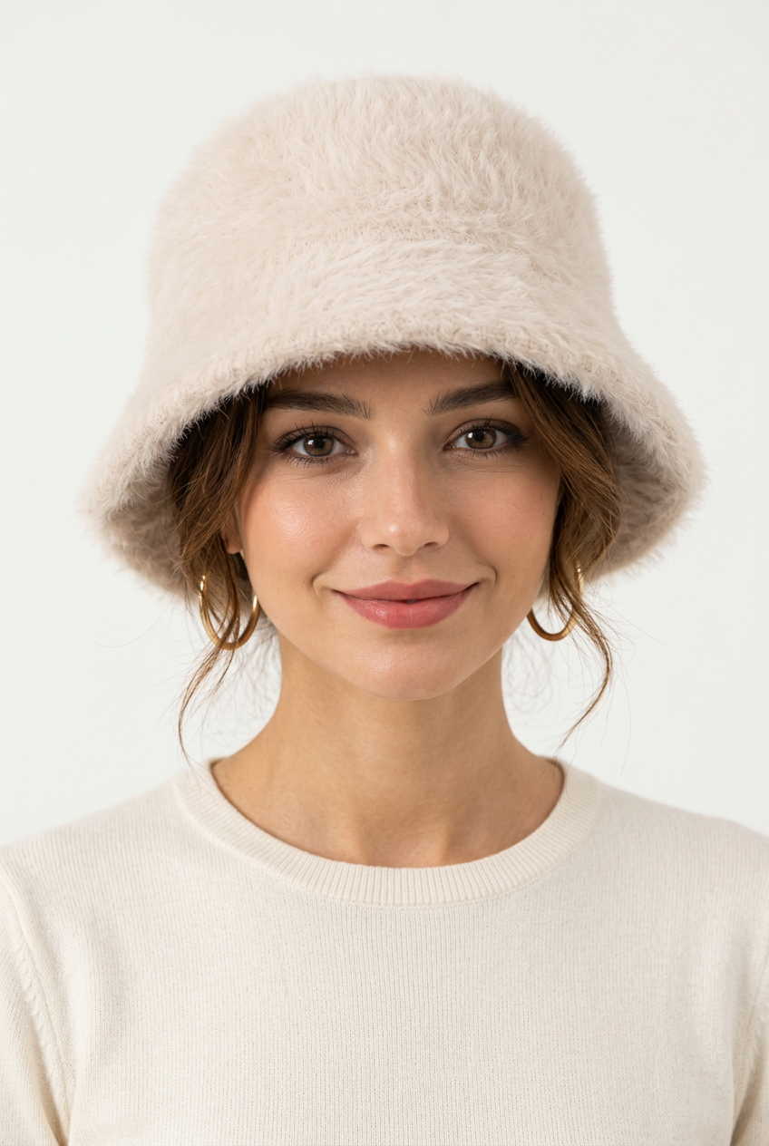 Damen-Fischerhut aus Kaninchenfell – Retro-Strick-Bucket-Hat für den Winter