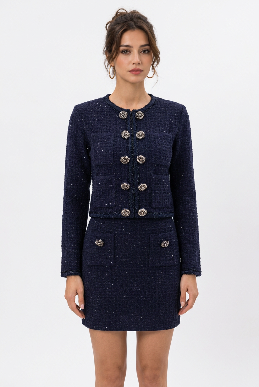 Ensemble cardigan et mini-jupe bleu marine en maille à boutons bijoux