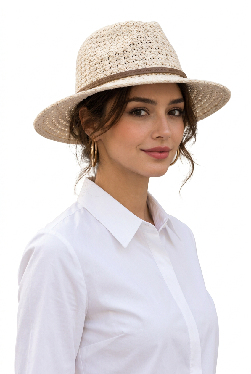 Chapeau d’été femme ajouré à ruban contrastant
