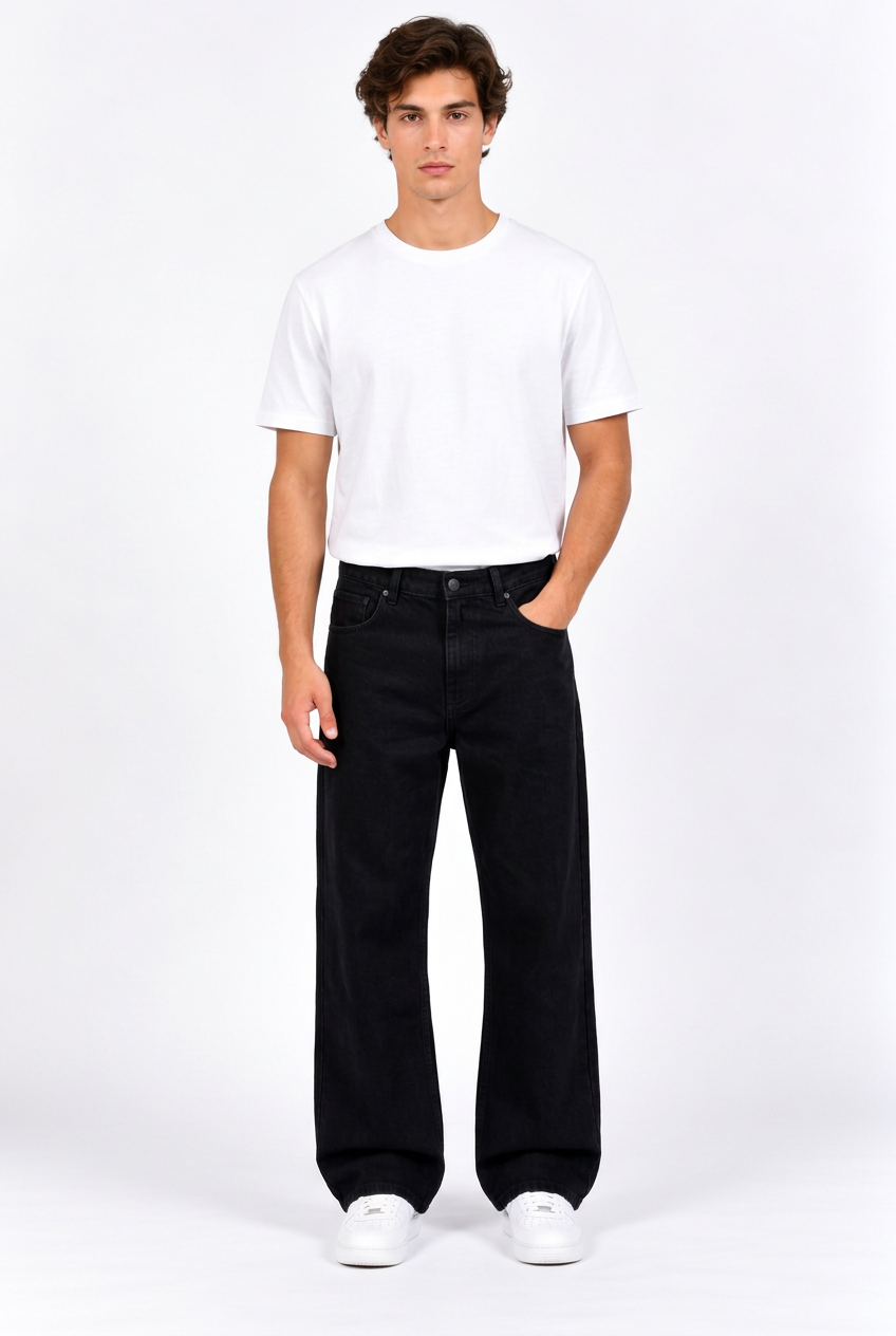 Jean homme ample évasé taille mi-haute, noir ou blanc
