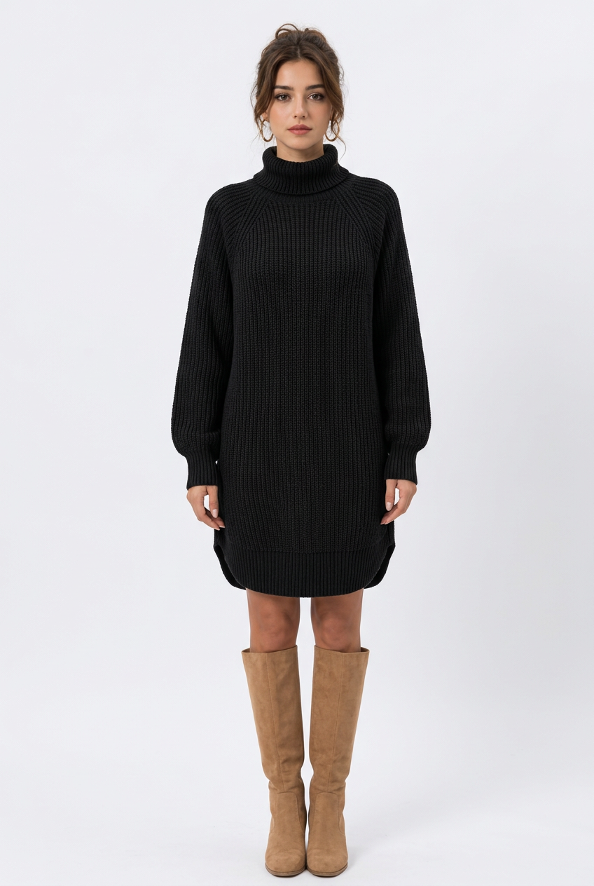 Robe pull femme col montant en maille acrylique – Coupe ample, manches longues