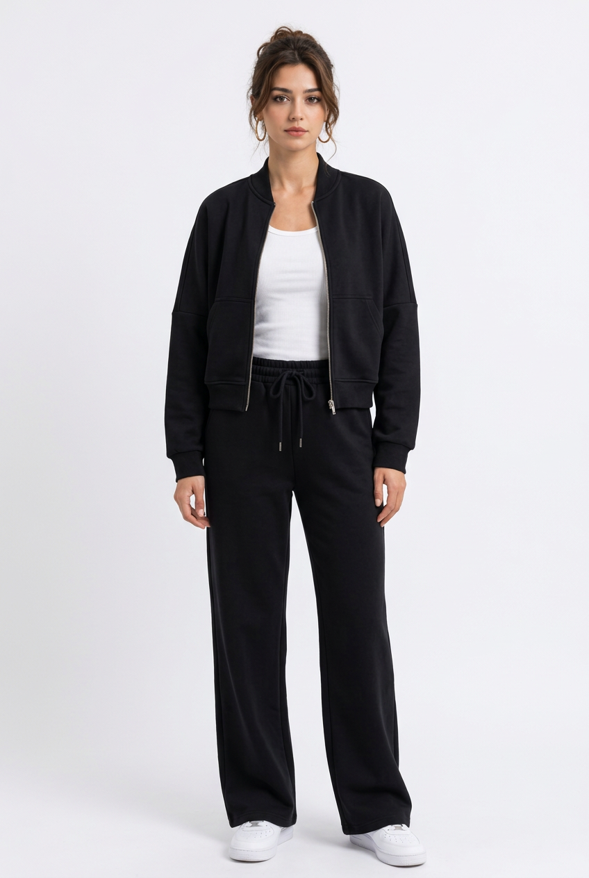 2-teiliges Damen-Set – Offene Sweatjacke mit langen Ärmeln & lange Hose, lässiger Stil