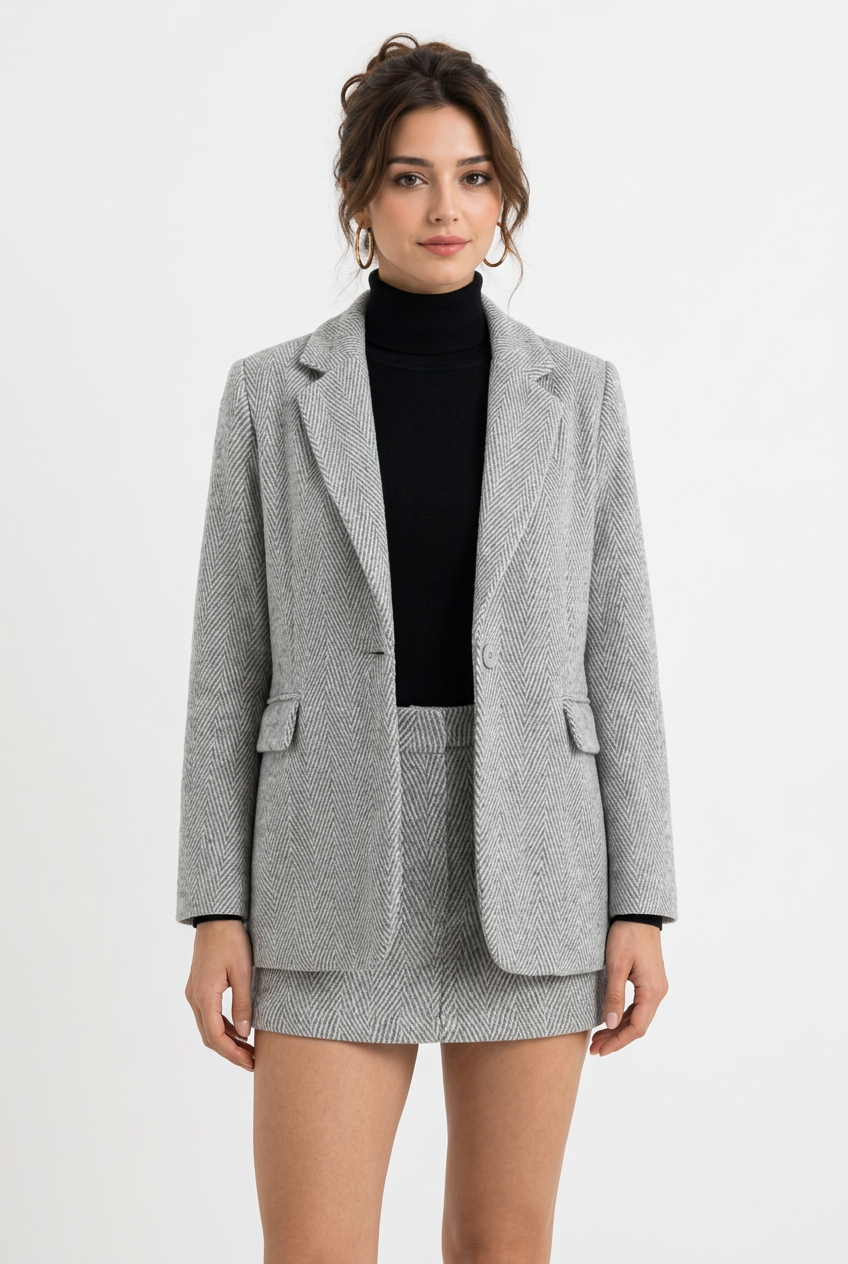 Ensemble femme 2 pièces à chevrons – Veste et jupe courte grises
