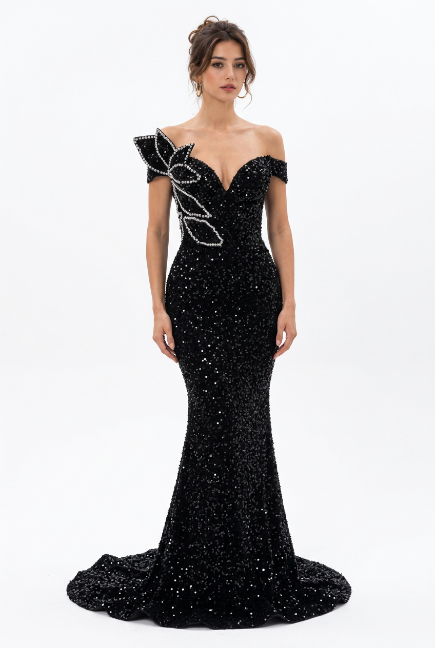 Robe de soirée noire à sequins, épaules dénudées et strass
