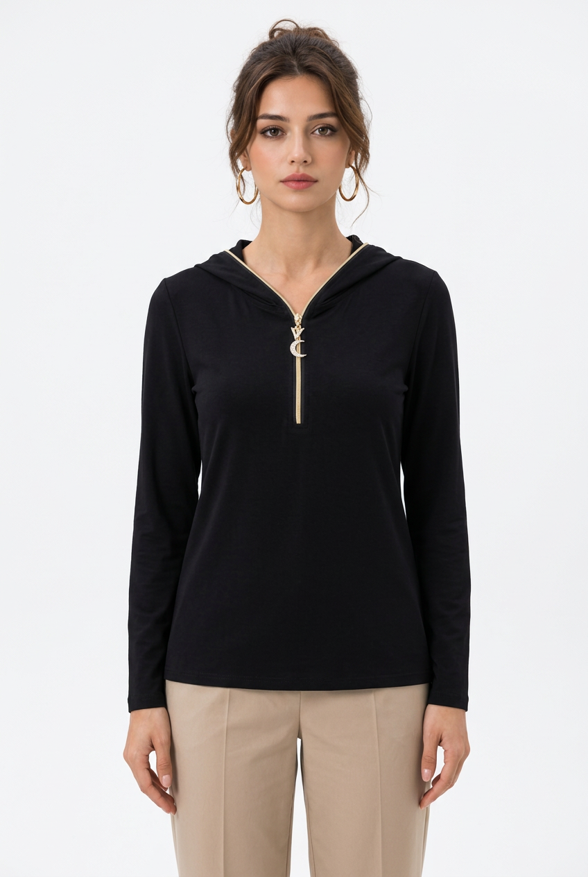 Haut femme à capuche et demi-zip doré