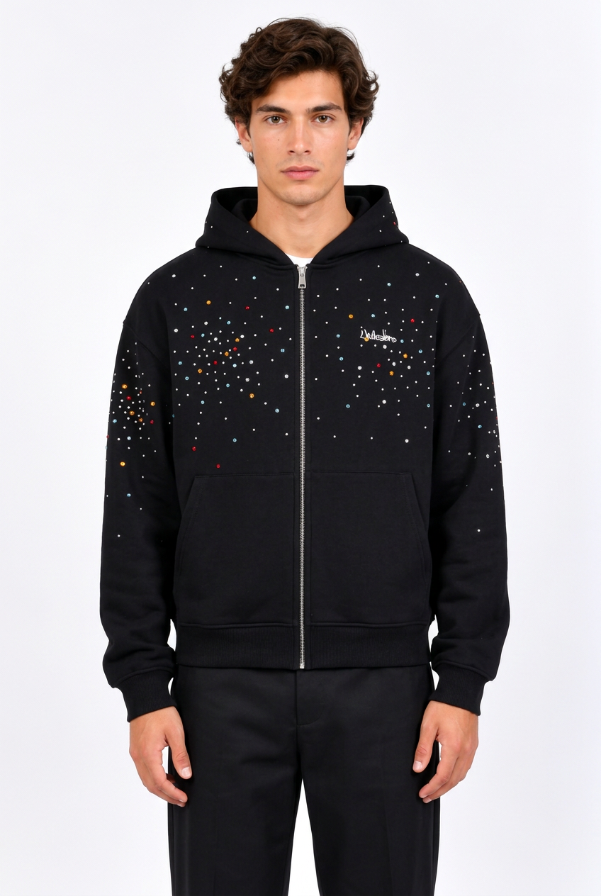 Sweat homme zippé à capuche noir à strass multicolores