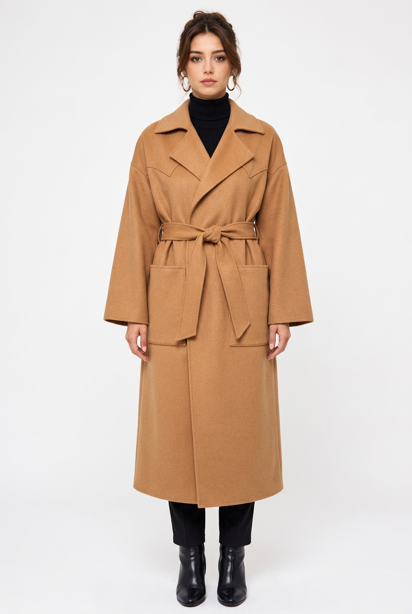 Manteau long femme ample à nouer – Mélange de laine
