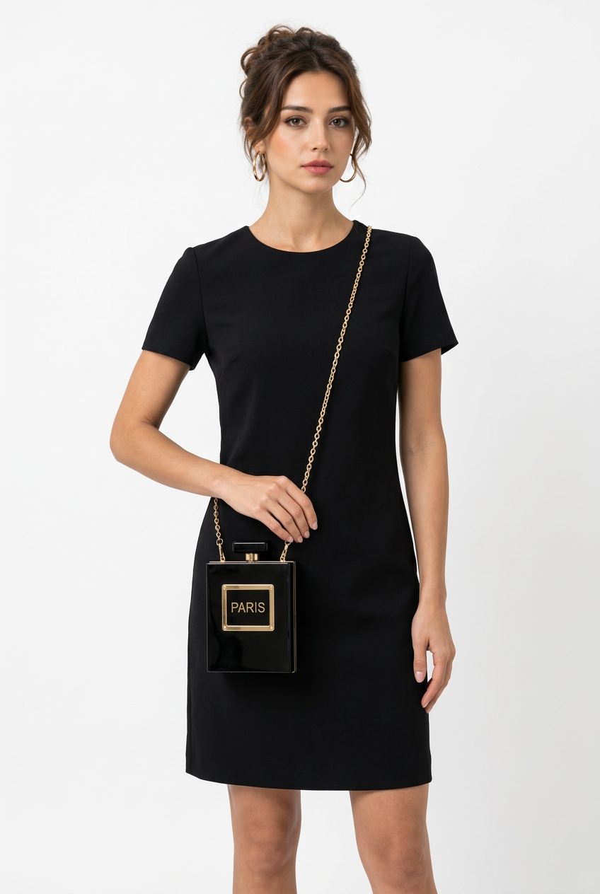 Sac de soirée femme forme flacon de parfum à bandoulière chaîne