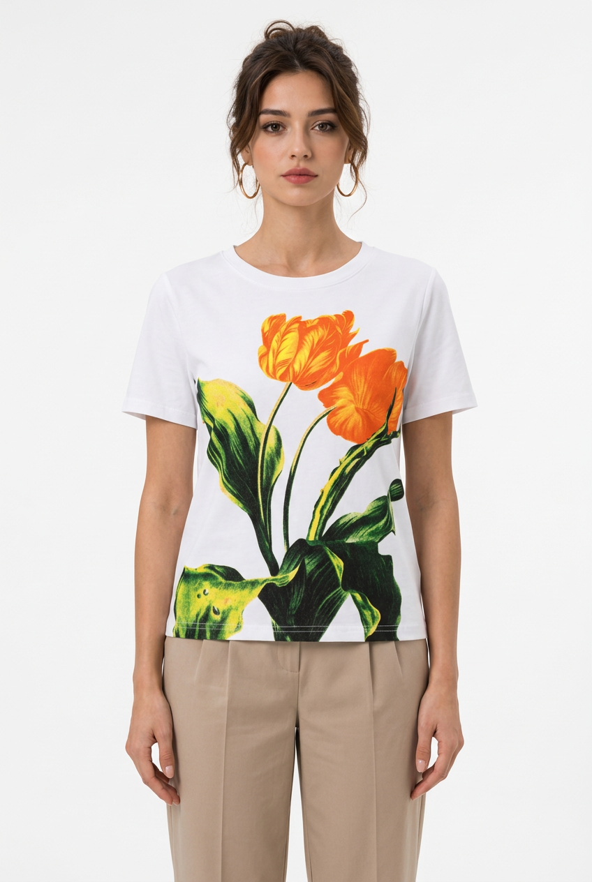 T-shirt femme blanc à imprimé tulipes orange