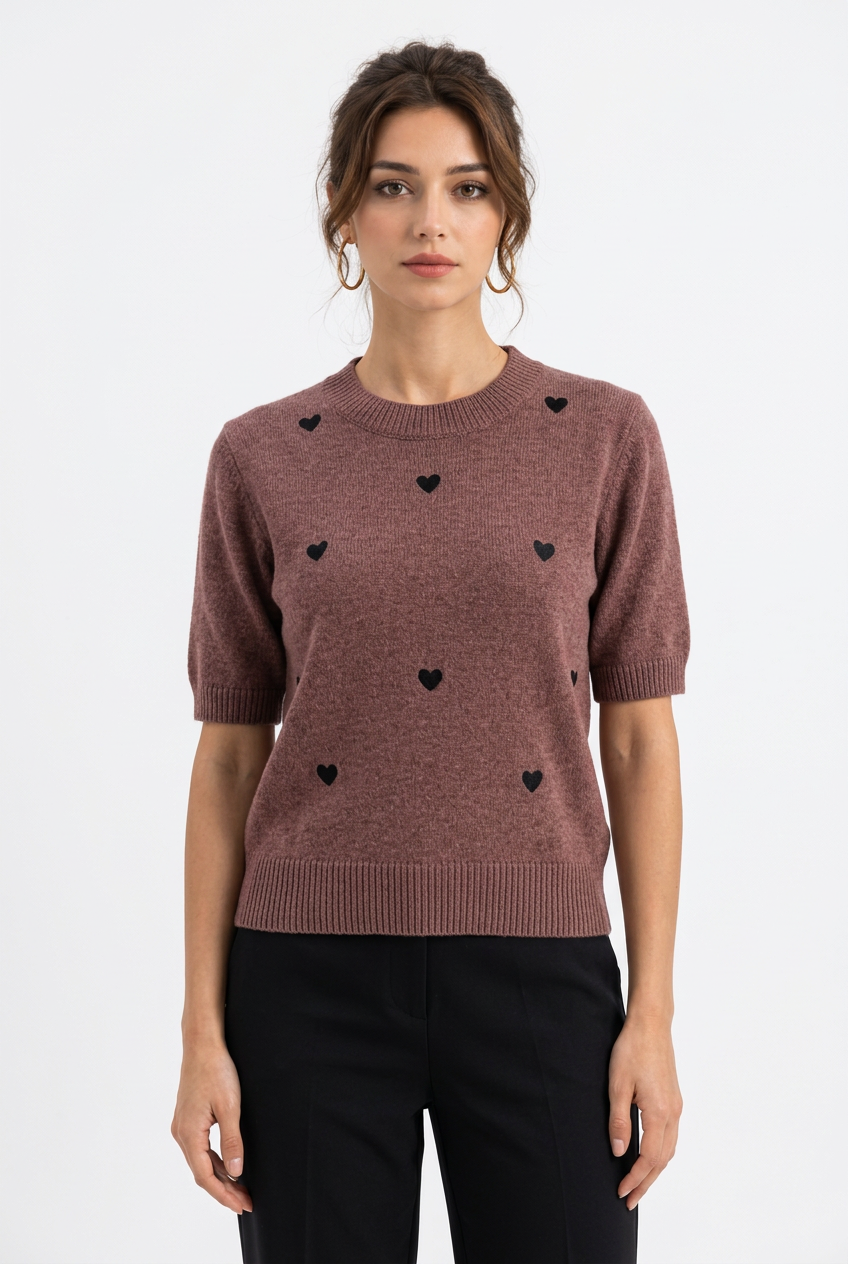 Pull Manches Courtes Maille Fine Motifs Cœurs – Col Rond