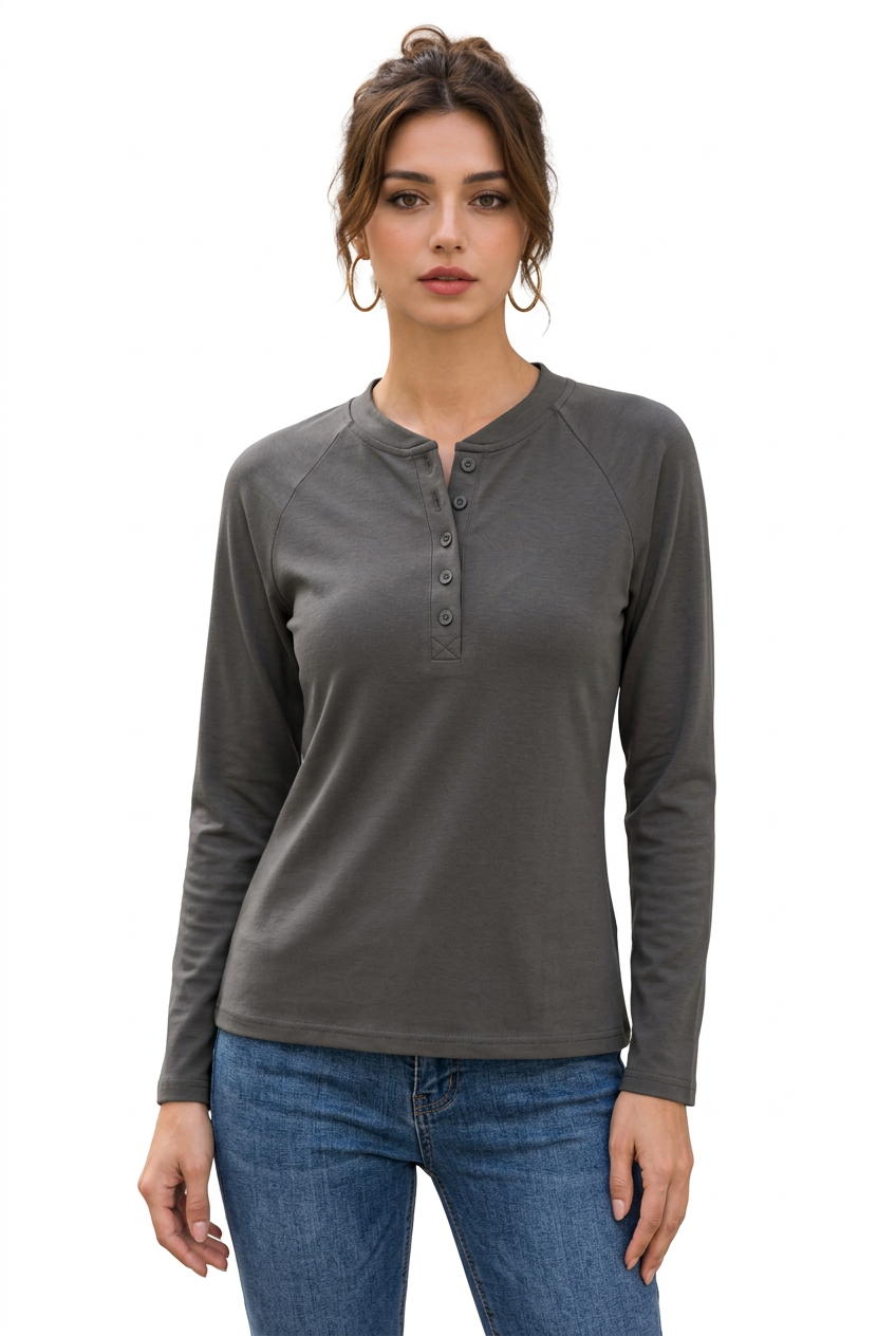 T-shirt femme à manches longues et col tunisien boutonné