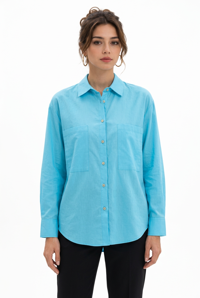 Chemise femme bleu turquoise à deux poches et manches longues